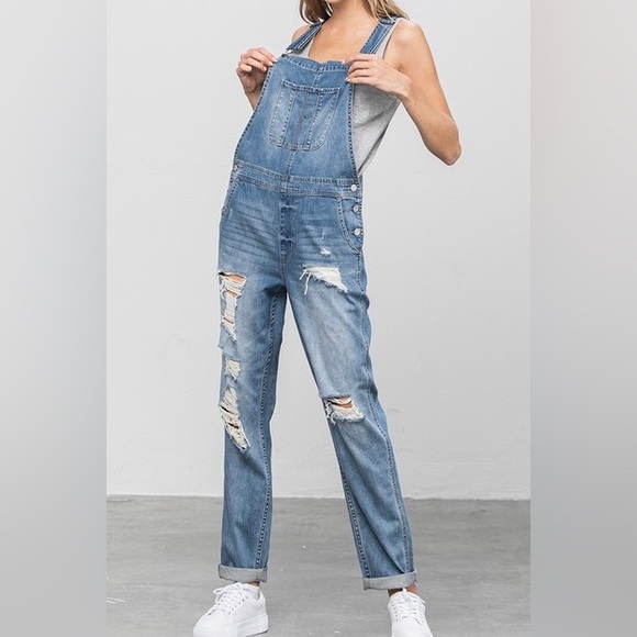 NWT Insane Gene Medium Wash Distressed Denim Overalls - Picture 4 of 8